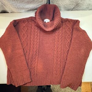 Cable Knit Turtleneck Sweater in Rusty Brick, Size Large